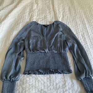 Express Blue Sheer Smocked Blouse